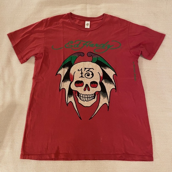 Vintage Ed Hardy by Christian Audigier Jewel Crystal Skull & Wings T Shirt - Picture 1 of 15